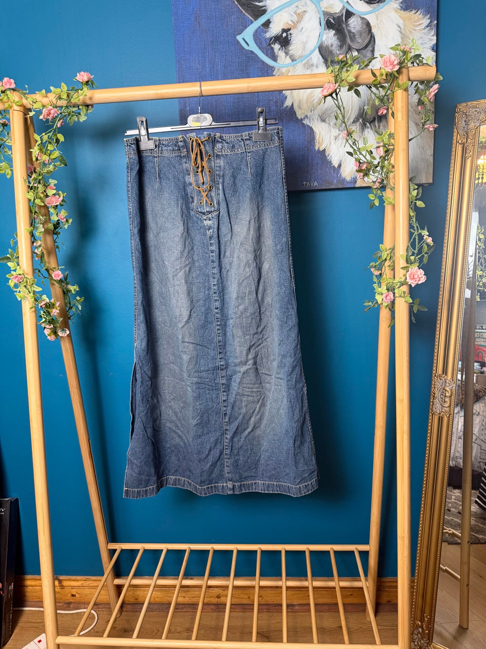 Vintage Y2K Lace-Up Denim Maxi Skirt
